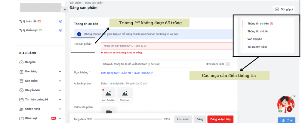 Điền thông tin sản phẩm trên sendo
